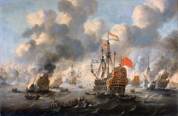 Landscapes Painting - The Dutch burn down the English fleet before Chatham 1667 Peter van de Velde Naval Battles